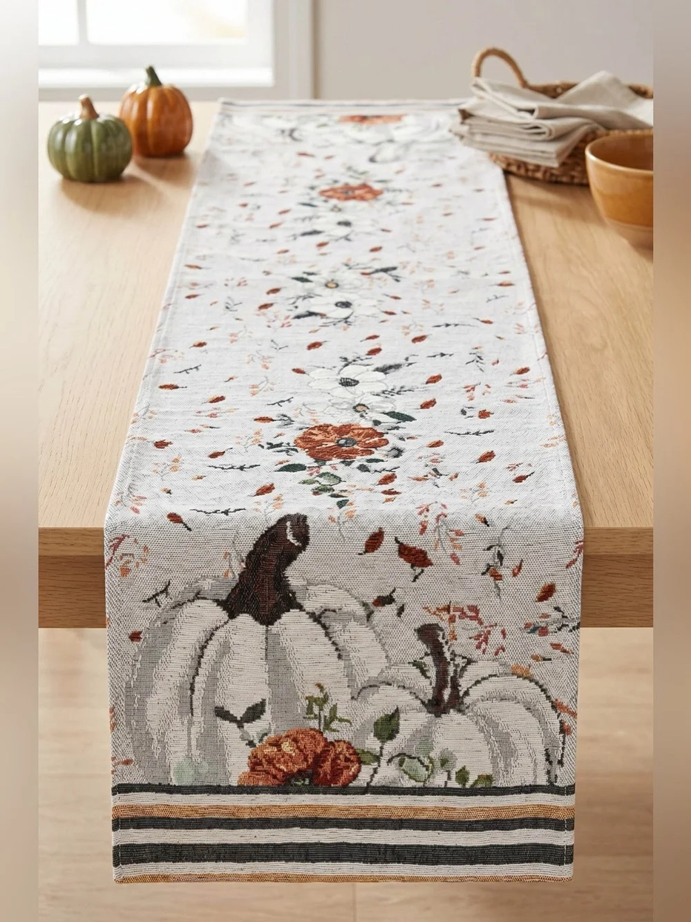 Fall White Pumpkin Farmhouse Floral Table Runner